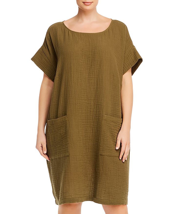 Eileen Fisher Plus Size Organic Cotton Short-sleeve Gauze Dress In Olive