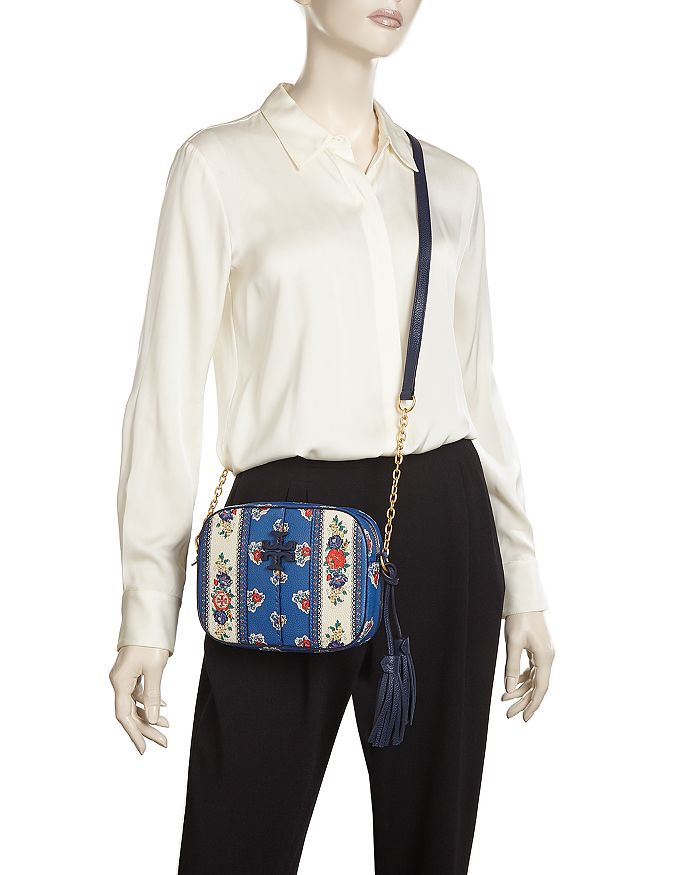 Tory Burch Mcgraw Floral Leather Crossbody Camera Bag In Blue Tea