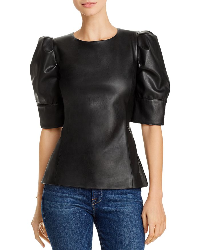 Aqua Faux-leather Puff-sleeve Top - 100% Exclusive In Black
