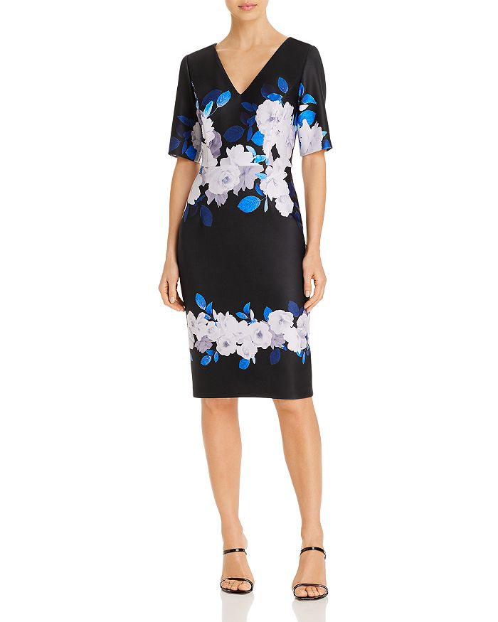 Adrianna Papell Shadow Rose Faux-wrap Dress In Blue Multi