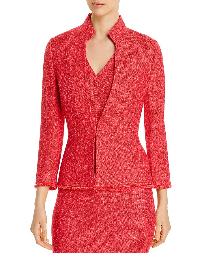 St John Refined Knit High Neck Cutaway Front Fringed Jacket