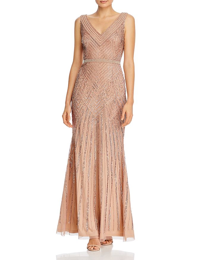 Adrianna Papell Beaded Mermaid Gown In Rose Gold