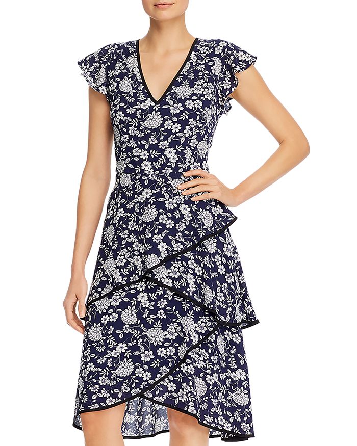 Adrianna Papell Floral Print Tiered Dress In Navy/ivory