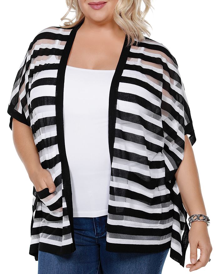 Belldini Plus Striped Short-sleeve Cardigan In Black/white