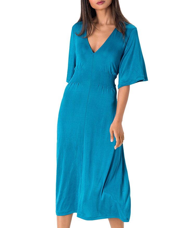 Leota Lily Flutter-sleeve Midi Dress In Luxe Jersey Crystal Teal