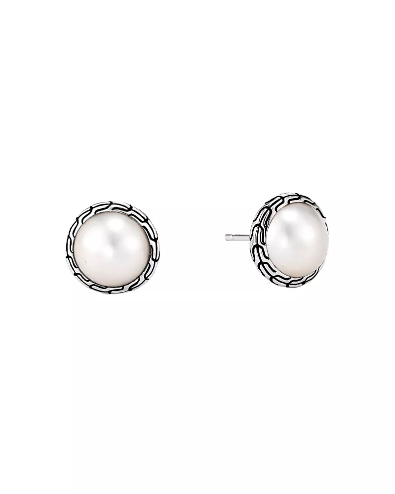 John Hardy Sterling Silver Classic Chain Mabe Cultured Freshwater Pearl Stud Earrings