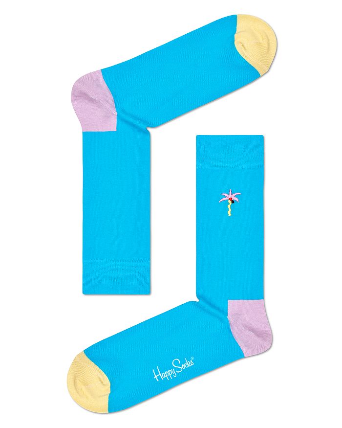 Happy Socks Color-blocked Embroidered Palm Tree Crew Socks In Turquiose