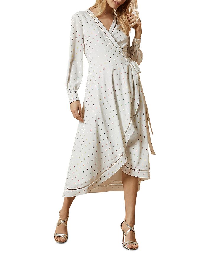 ted baker white and gold dress London Tansie Metallic Dot Long Sleeve Wrap In Web Collection: Scarf Detail