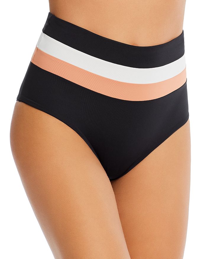 L*space Portia Reversible High Waist Stripe Bikini Bottoms In Black/cream/chestnut