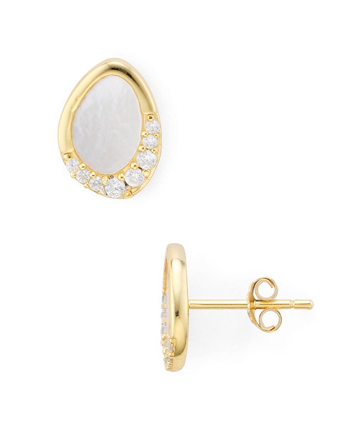 Argento Vivo 18k Gold-plated Sterling Silver Pave & Mother-of-pearl Oval Stud Earrings In White/gold