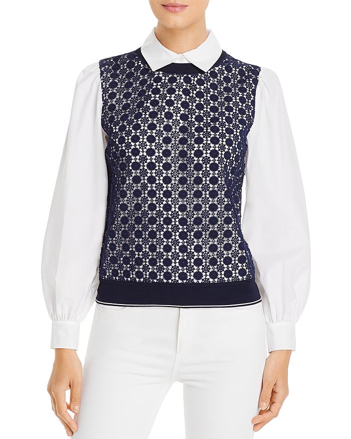 TORY BURCH EMBROIDERED VEST POPLIN-SLEEVE TOP,63197