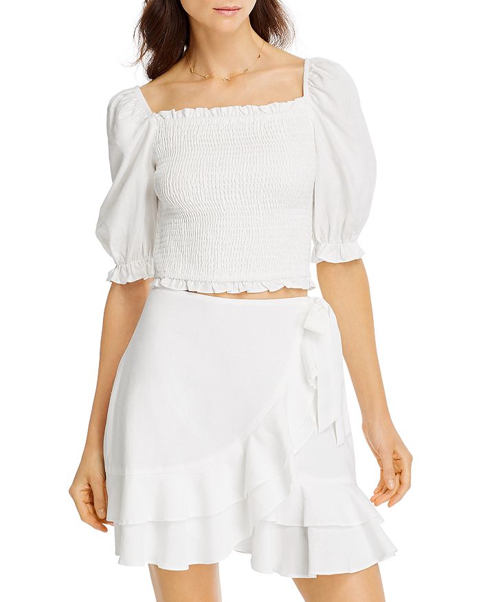 white smocked puff sleeve top