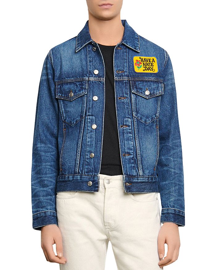 SANDRO HAVE A NICE DAY EMBROIDERED DENIM JACKET,SHPBL00276