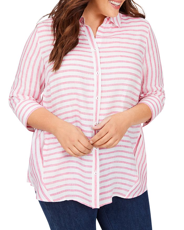 Foxcroft Plus Carlene Easy Care Linen Classic Striped Tunic In Cabana Pink
