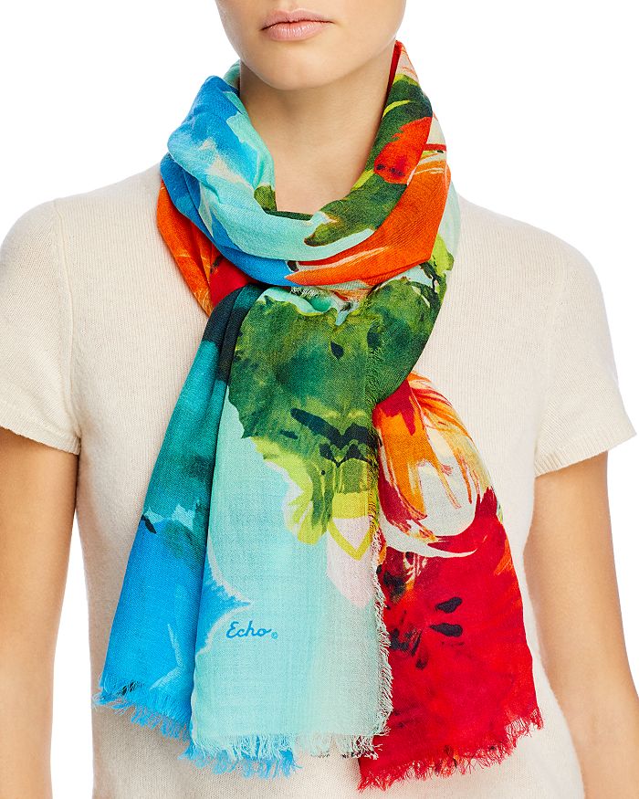 Echo Painted Floral Wool Scarf In Azul