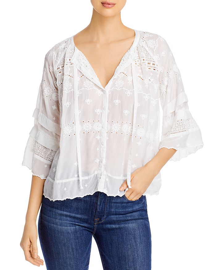 Johnny Was Tay Tie-front Tonal Embroidered Eyelet Top In White | ModeSens