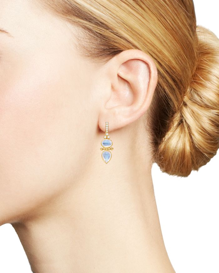 Shop Temple St Clair 18k Yellow Gold Moonstone & Diamond Drop Earrings In Blue/gold