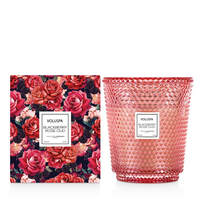 Shop Voluspa Blackberry Rose & Oud Hearth Embossed Glass Candle With Lid 114 Oz. In Pink