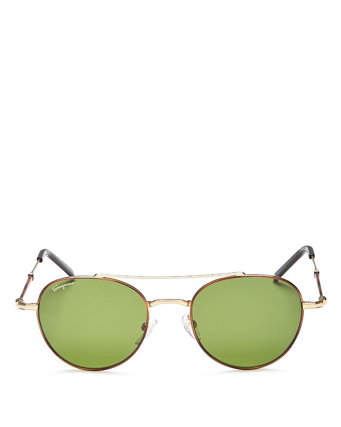 Ferragamo Men's Timeless Brow Bar Round Sunglasses, 51mm In Shiny Gold Olive Green/green