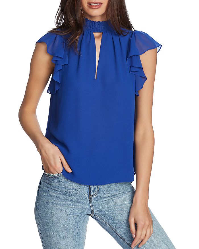 1.state Flutter-sleeve Keyhole Top In Blue Pacific