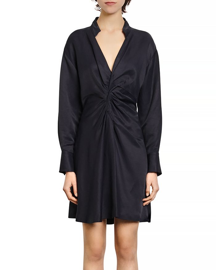 Sandro Celia Ruched Satin-twill Mini Dress In Navy Blue