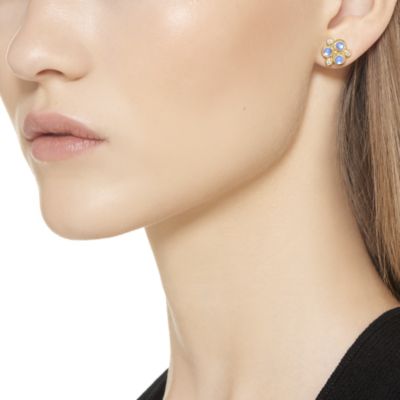 Classic Trio Earrings with Royal Blue Moonstone and Diamonds in 18K Yellow Gold