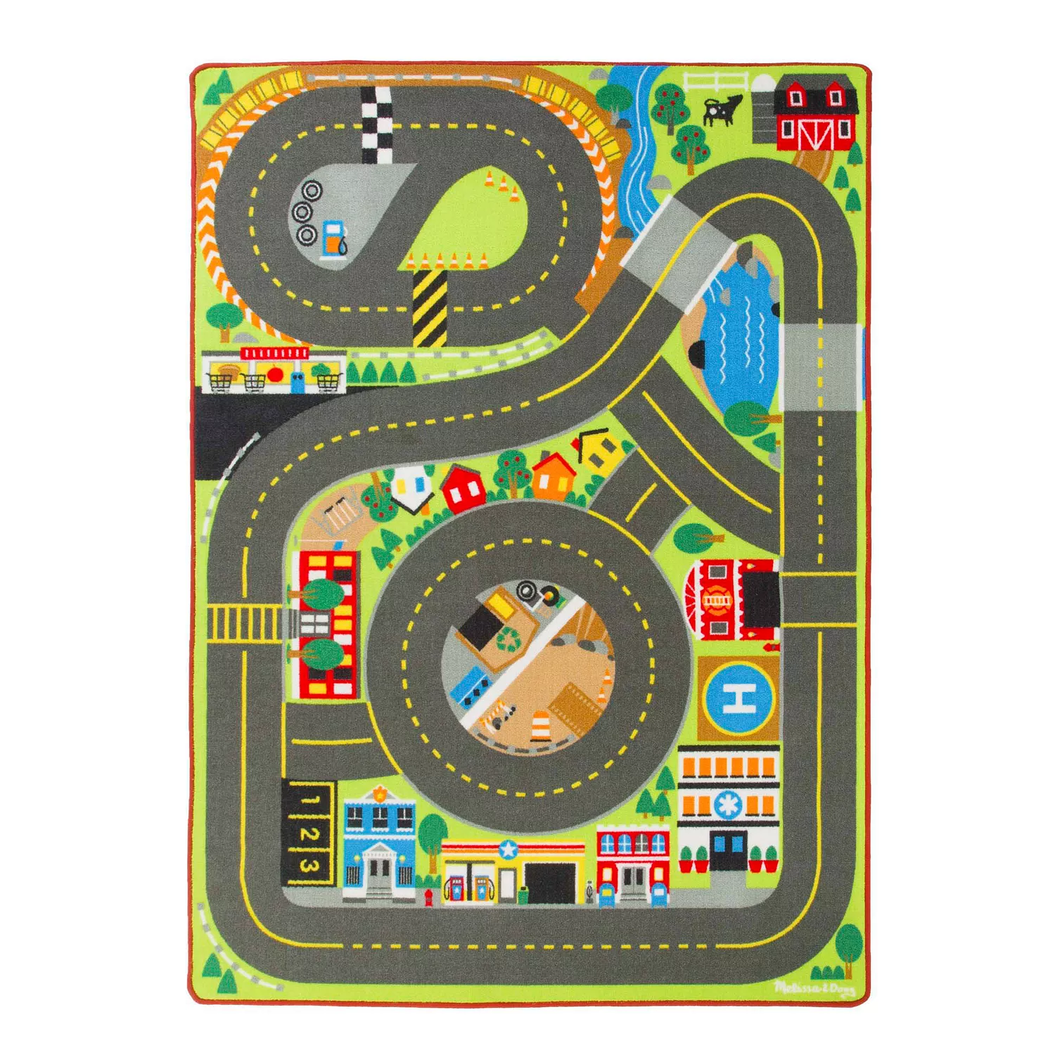 Melissa & Doug Jumbo Roadway Activity Rug with illustrated roads, buildings, and wooden traffic signs