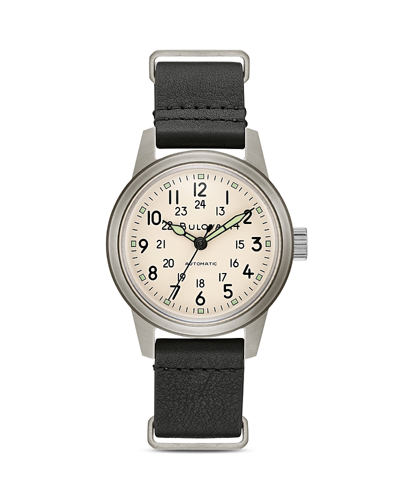 Bulova Men's Automatic Military Black Leather Strap Watch 38mm In White