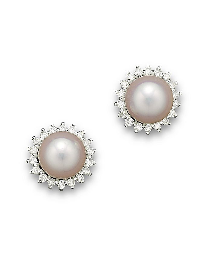 Bloomingdale's Cultured Akoya Pearl Stud Earrings With Diamonds In 14k White Gold, 6.5mm In White/ivory