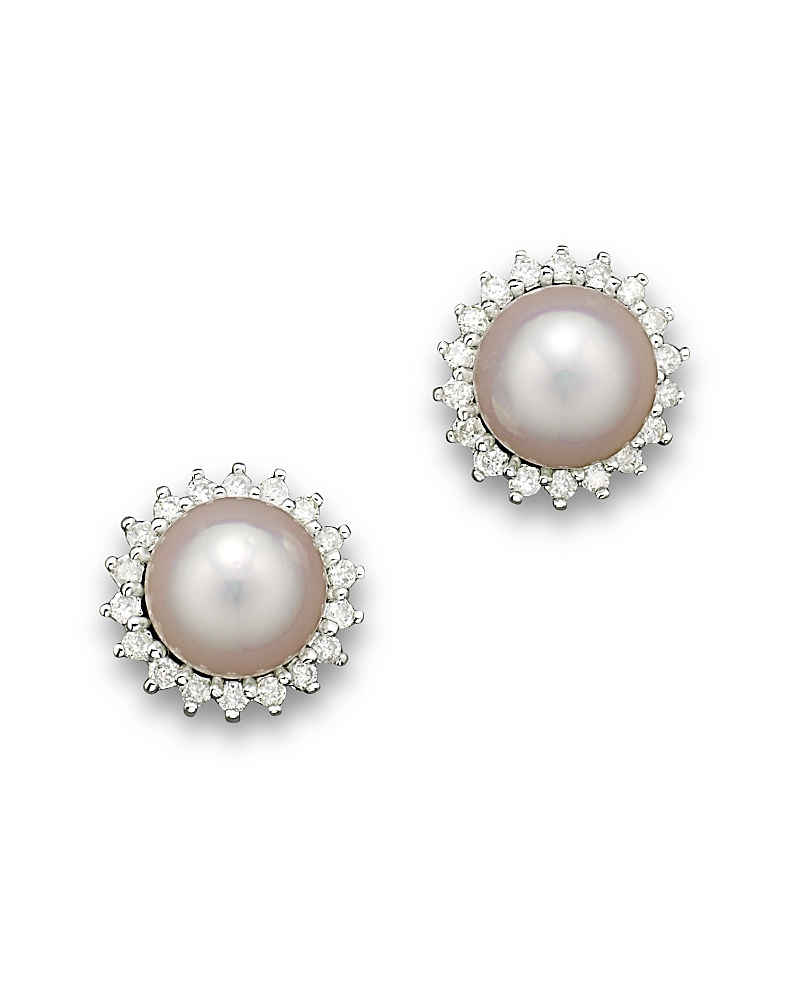 Cultured Akoya Pearl Stud Earrings with Diamonds in 14K White Gold, 6.5mm
