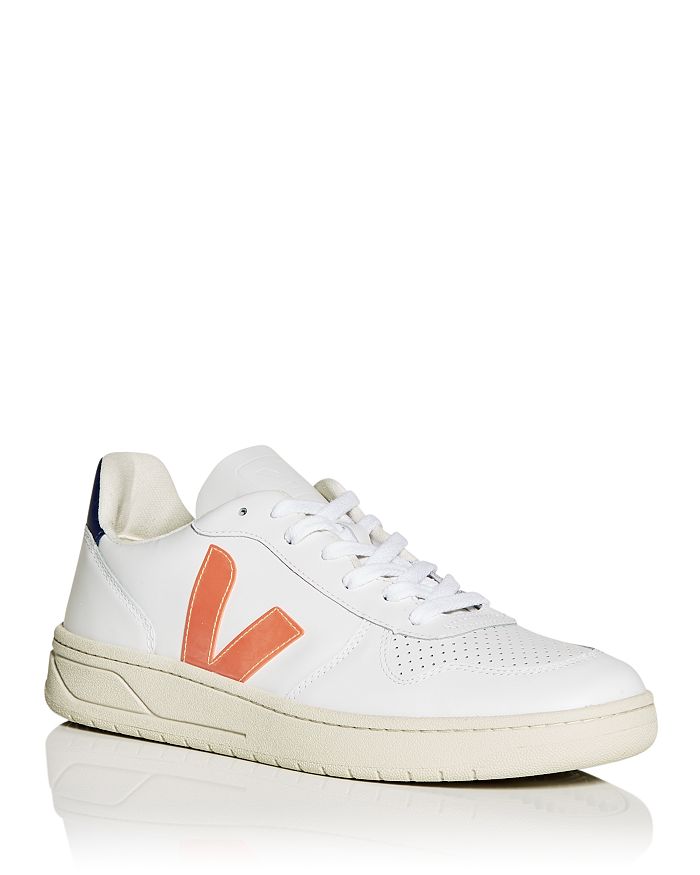 Veja V-10 Sneakers In White Leather In White Orange Fluo Marsala 
