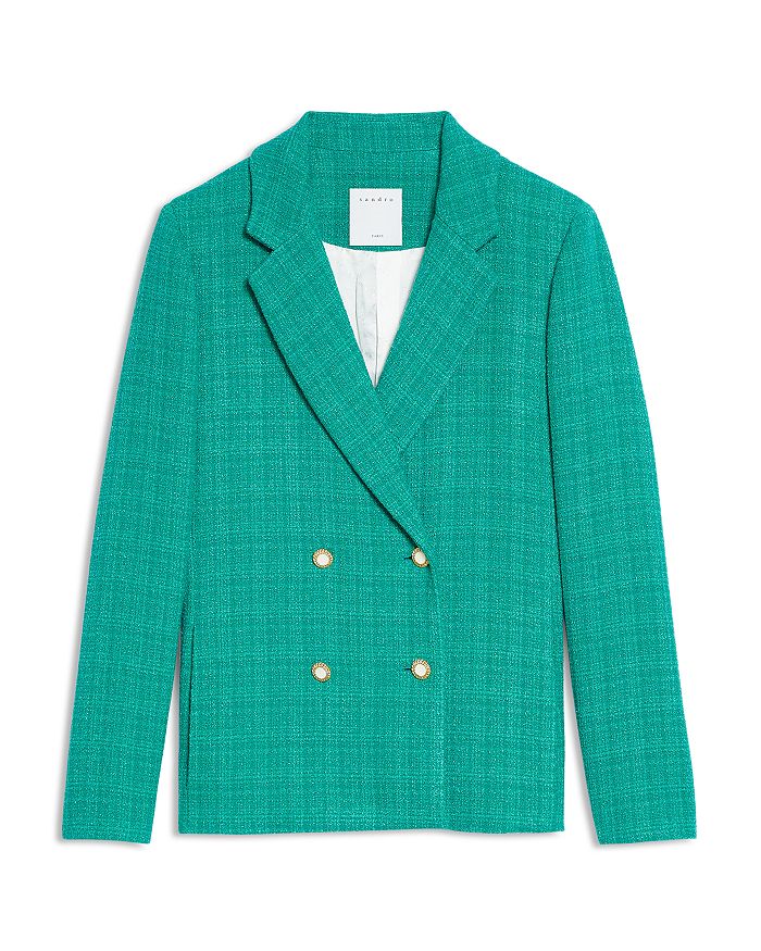 Sandro Jacy Tweed Double Breasted Blazer In Emerald Green