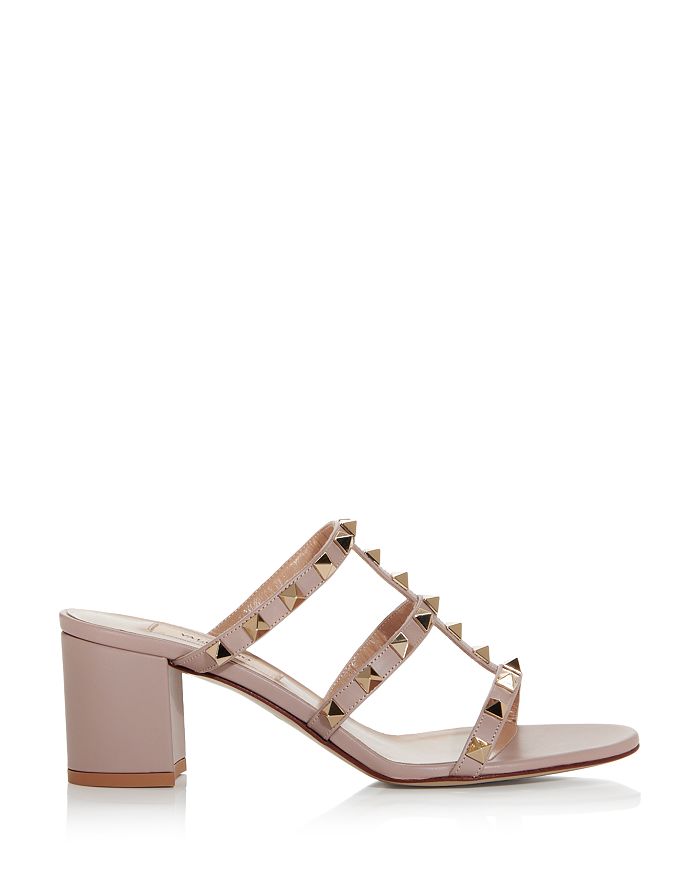 Valentino Garavani Women's Rockstud Block Heel Patent Slide Sandals With Tonal Studs In Poudre