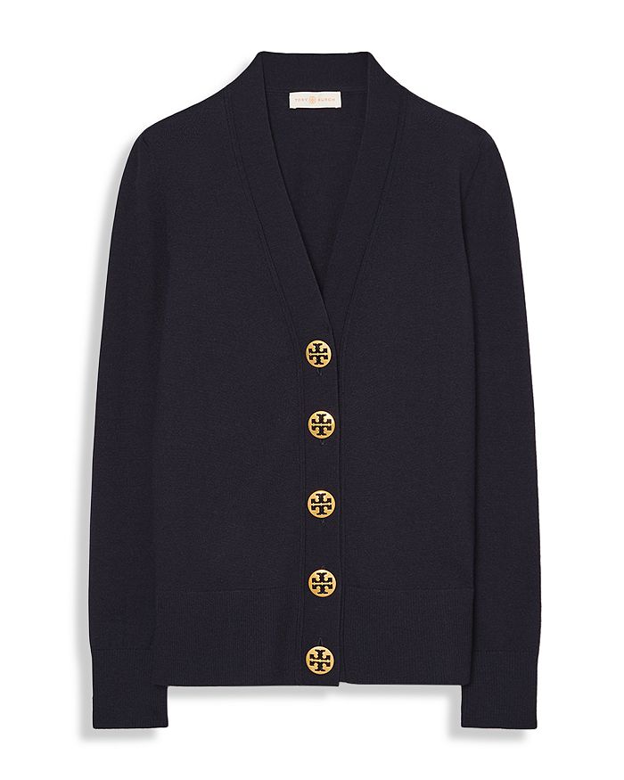 Tory Burch Logo Button Merino Wool V-neck Cardigan In Medium Navy