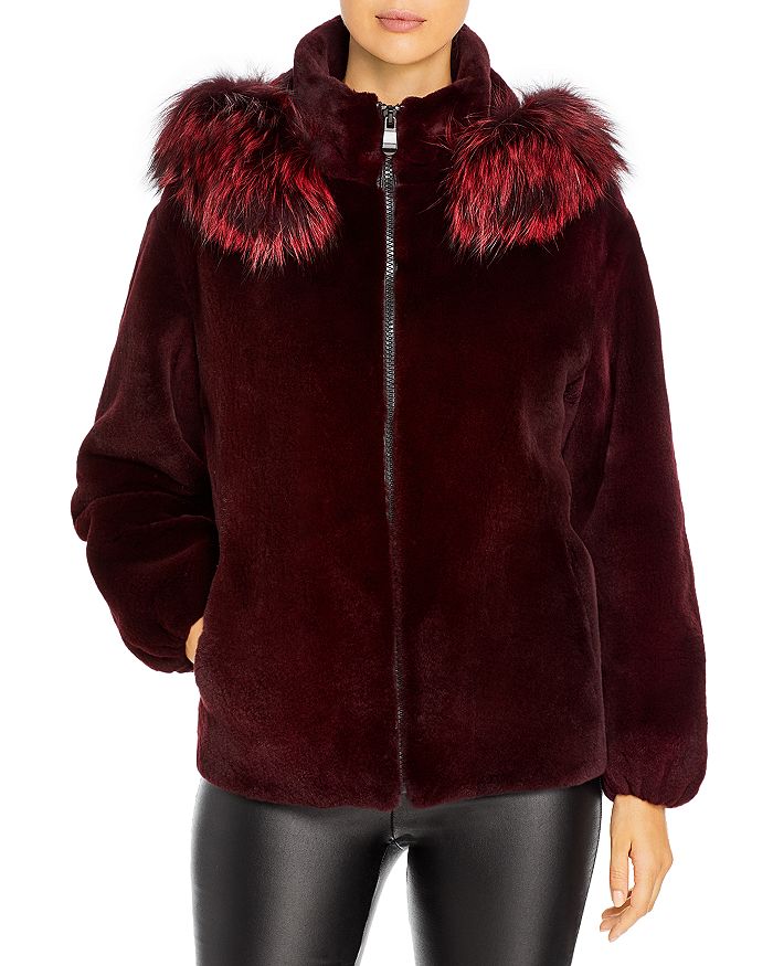 Maximilian Furs Fox Trim Hooded Mink Fur Coat In Bordeaux