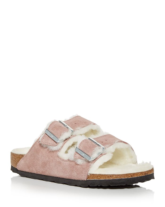 Birkenstock Arizona Mauve Shearling-lined Suede Sliders In Pink
