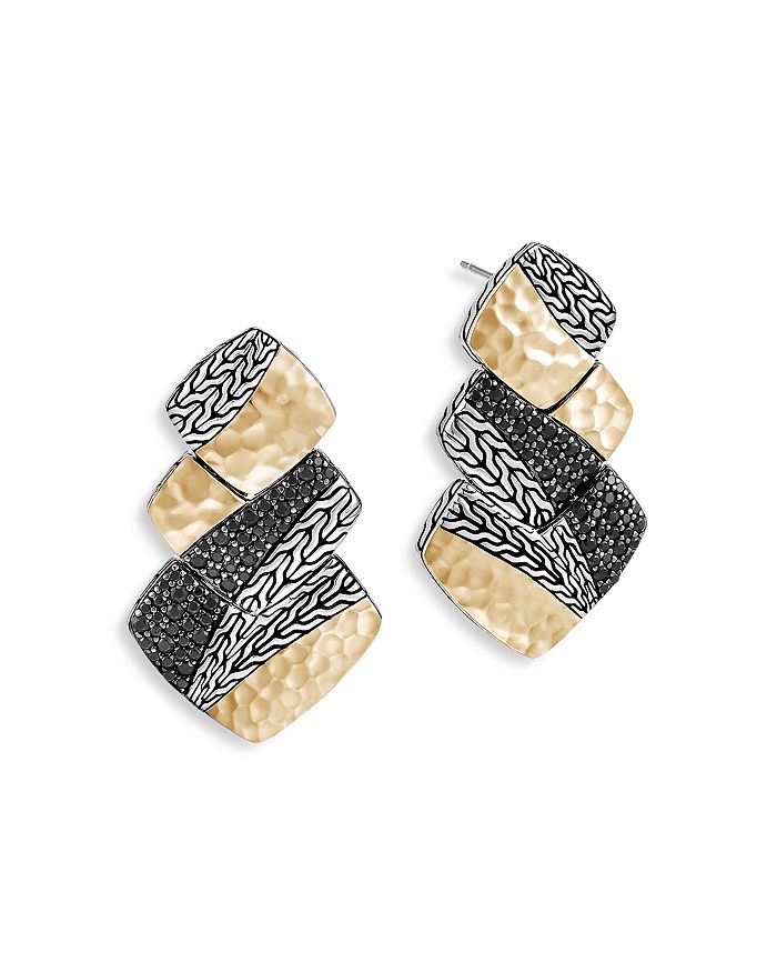 John Hardy 18k Yellow Gold And Sterling Silver Classic Black Sapphire & Black Spinel Chain Hammered Drop Earrin In Black/silver/gold