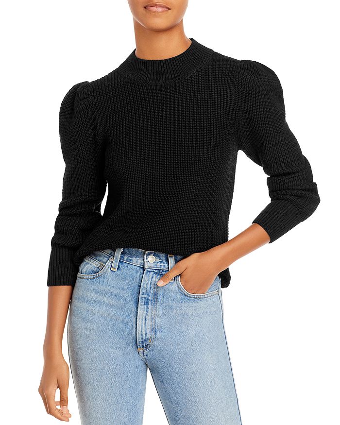 Aqua Cotton Puff Sleeve Mock Neck Sweater - 100% Exclusive In Black