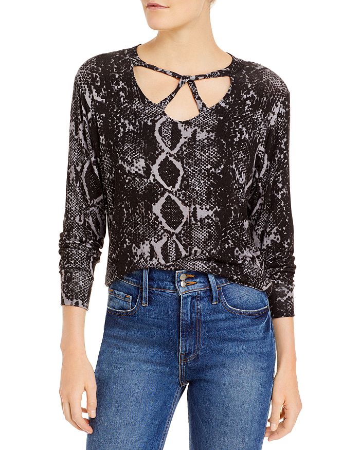 Lna Cailin Snake Print Brushed Sweater In Charcoal Python