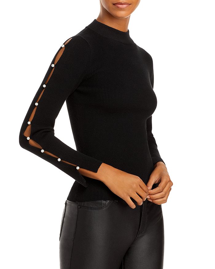 Aqua Faux Pearl Split Sleeve Sweater - 100% Exclusive In Black
