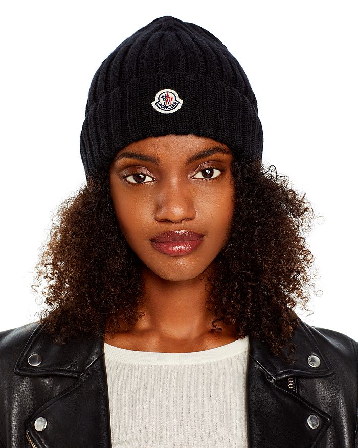 Moncler Logo Patch Cuff Virgin Wool Rib Beanie In Black