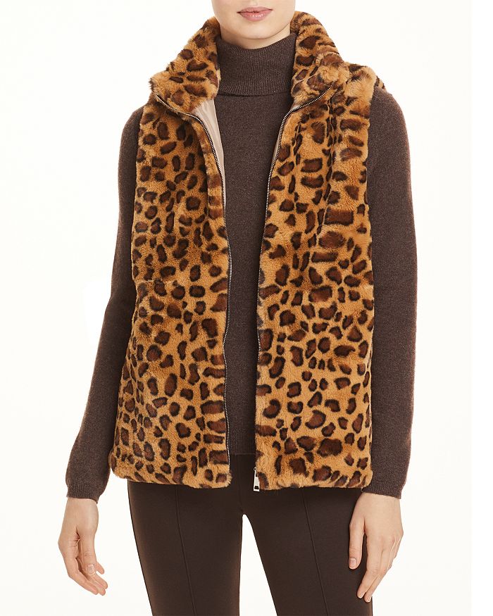 Echo Faux Fur Leopard Zip Front Vest In Oatmeal