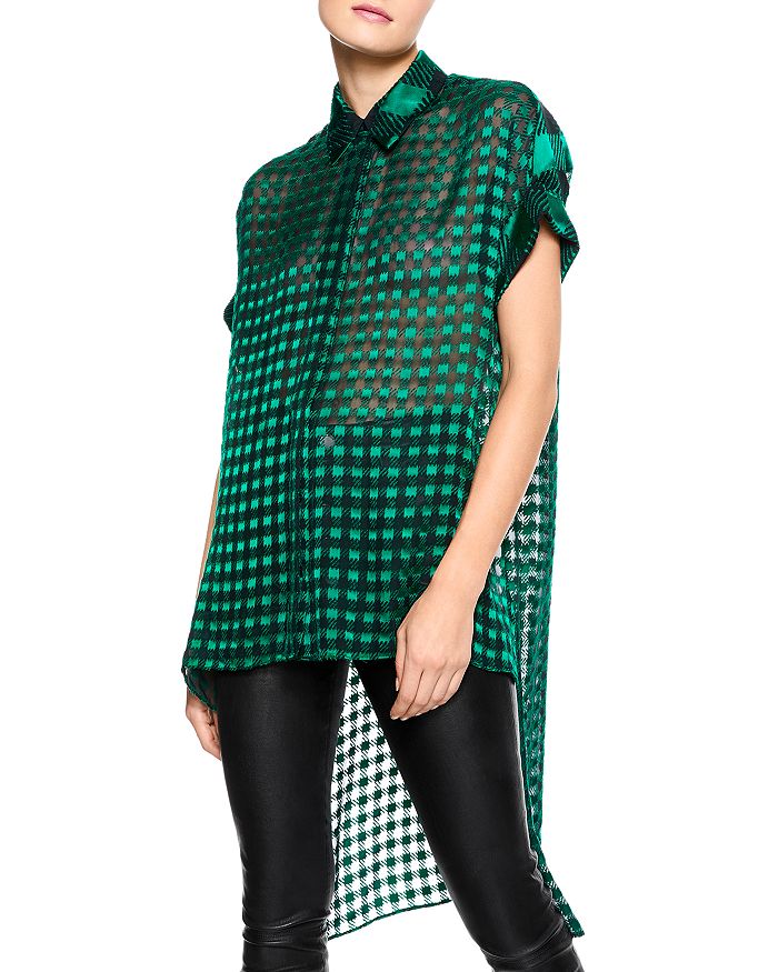 Alice And Olivia Alice + Olivia Edyth Sheer Gingham Blouse In Gingham Babe Teal Combo