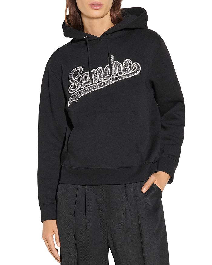 Sandro Hooded Sparkle Logo Embellished Sweatshirt In Black