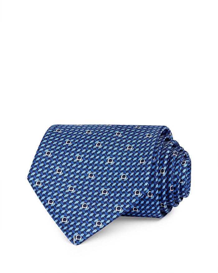 Ferragamo Woven Gancini Silk Classic Necktie In Navy Blue/blue