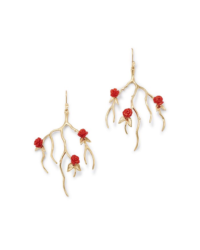 Annette Ferdinandsen Design 14k Yellow Gold Rose Garden Coral Drop Earrings In Red
