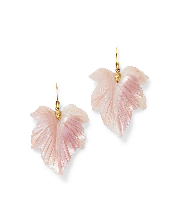 Annette Ferdinandsen Design 18k Yellow Gold Mother Of Pearl Fancy Leaf Drop Earrings In Pink