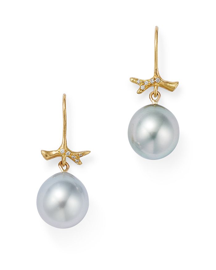 Annette Ferdinandsen Design 18k Yellow Gold Little Grey Pearl Diamond Pave Branch Earrings In White