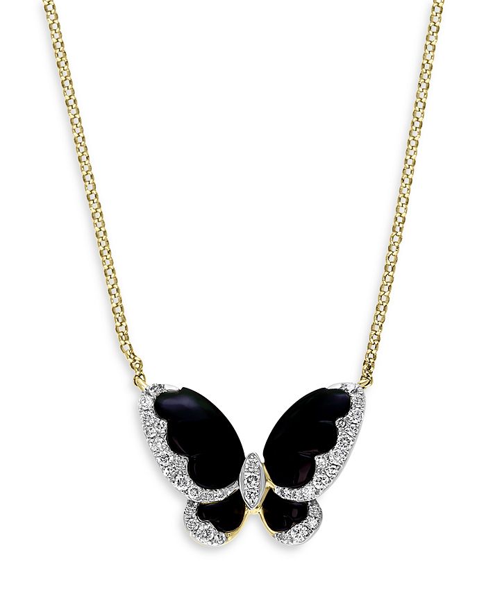 Bloomingdale's Onyx & Diamond Butterfly Pendant Necklace in 14K Yellow