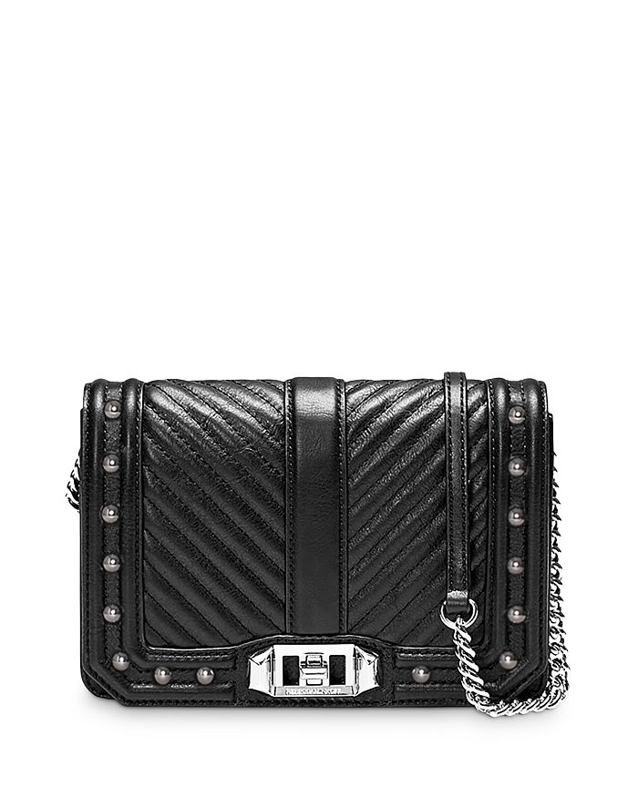 Rebecca Minkoff Chevron Quilted Small Love Crossbody With Studs In Black Studs/silver